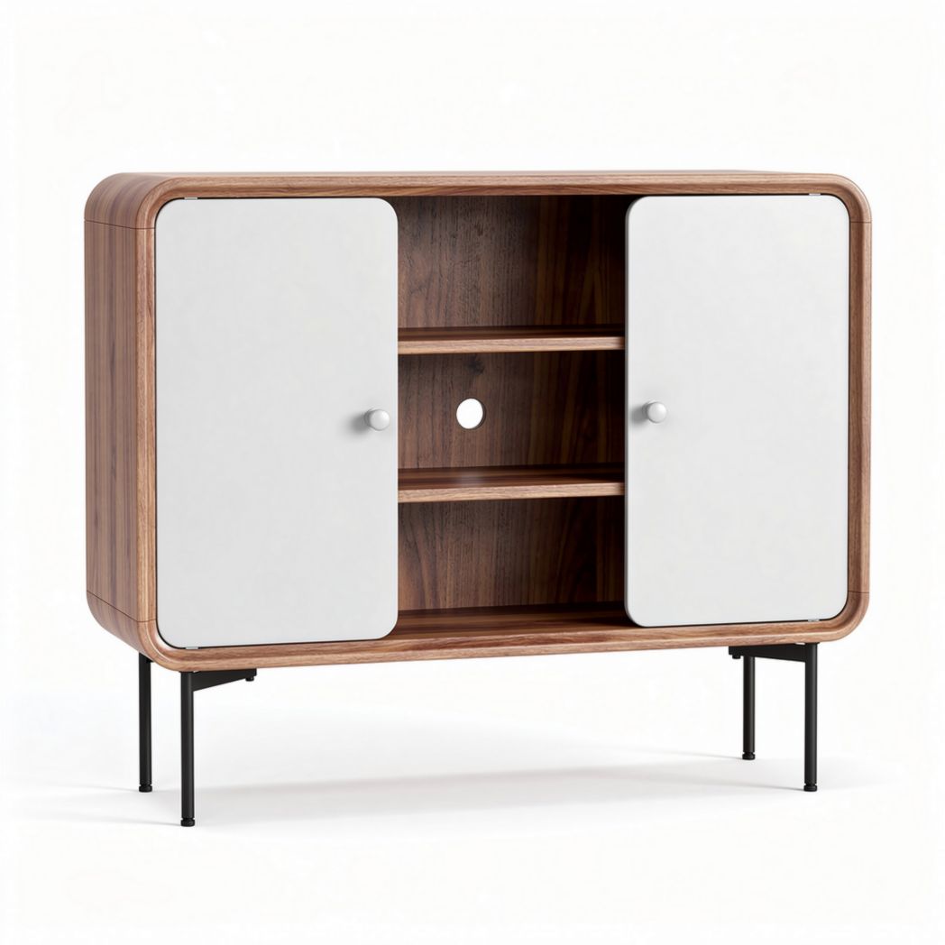 Meuble de rangement en bois noyer avec portes blanches 90 x 40 x 70cm