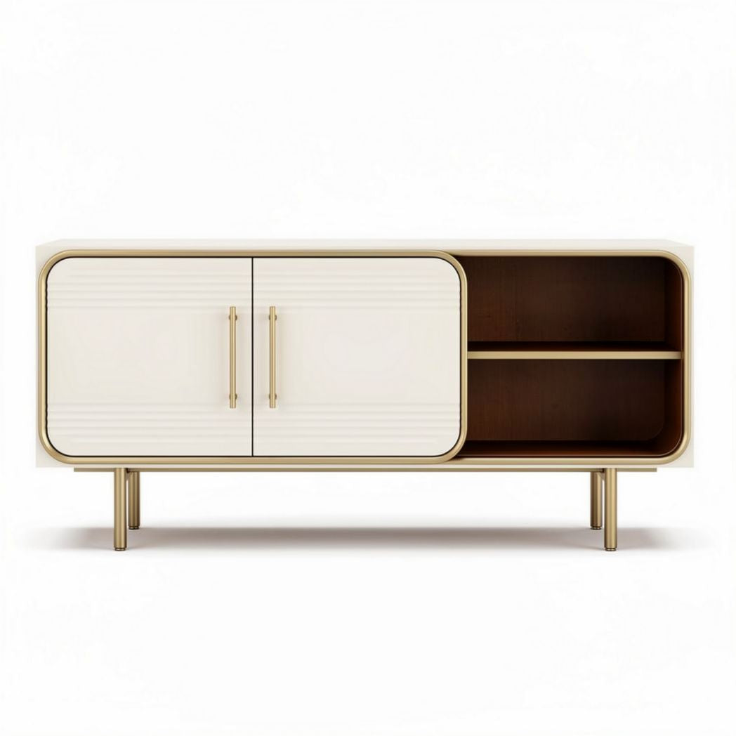 Meuble télévision en bois et métal blanc 120 x 40 x 60cm avec deux portes et étagères ouvertes