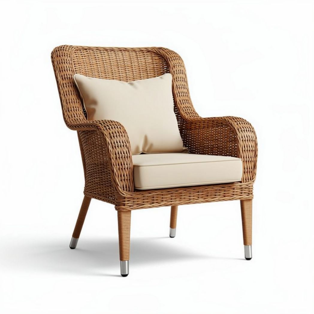 Fauteuil en rotin tressé avec coussin beige pour intérieur ou extérieur 80 x 70 x 90cm