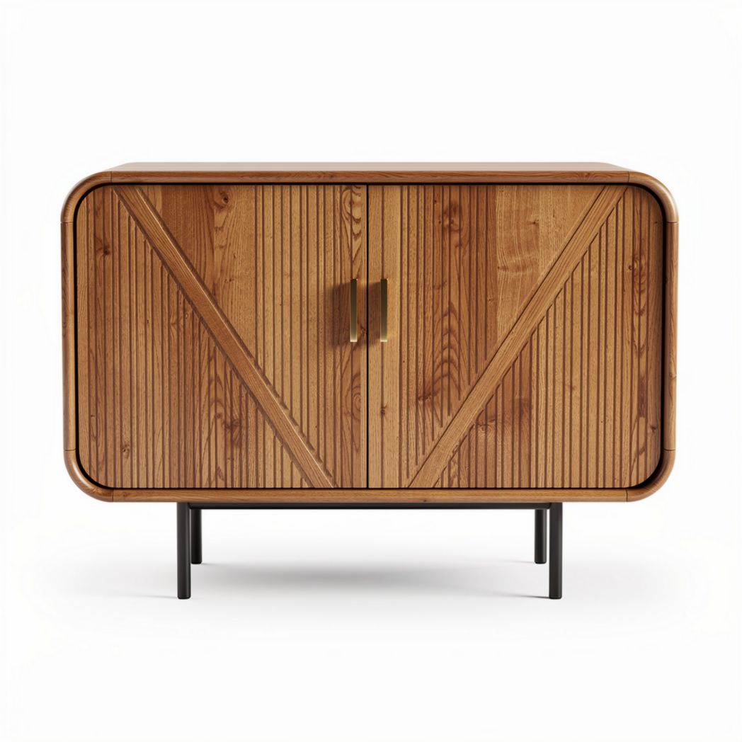 Buffet en bois de bambou 90 x 40 x 80 cm avec portes en relief et piètement métal