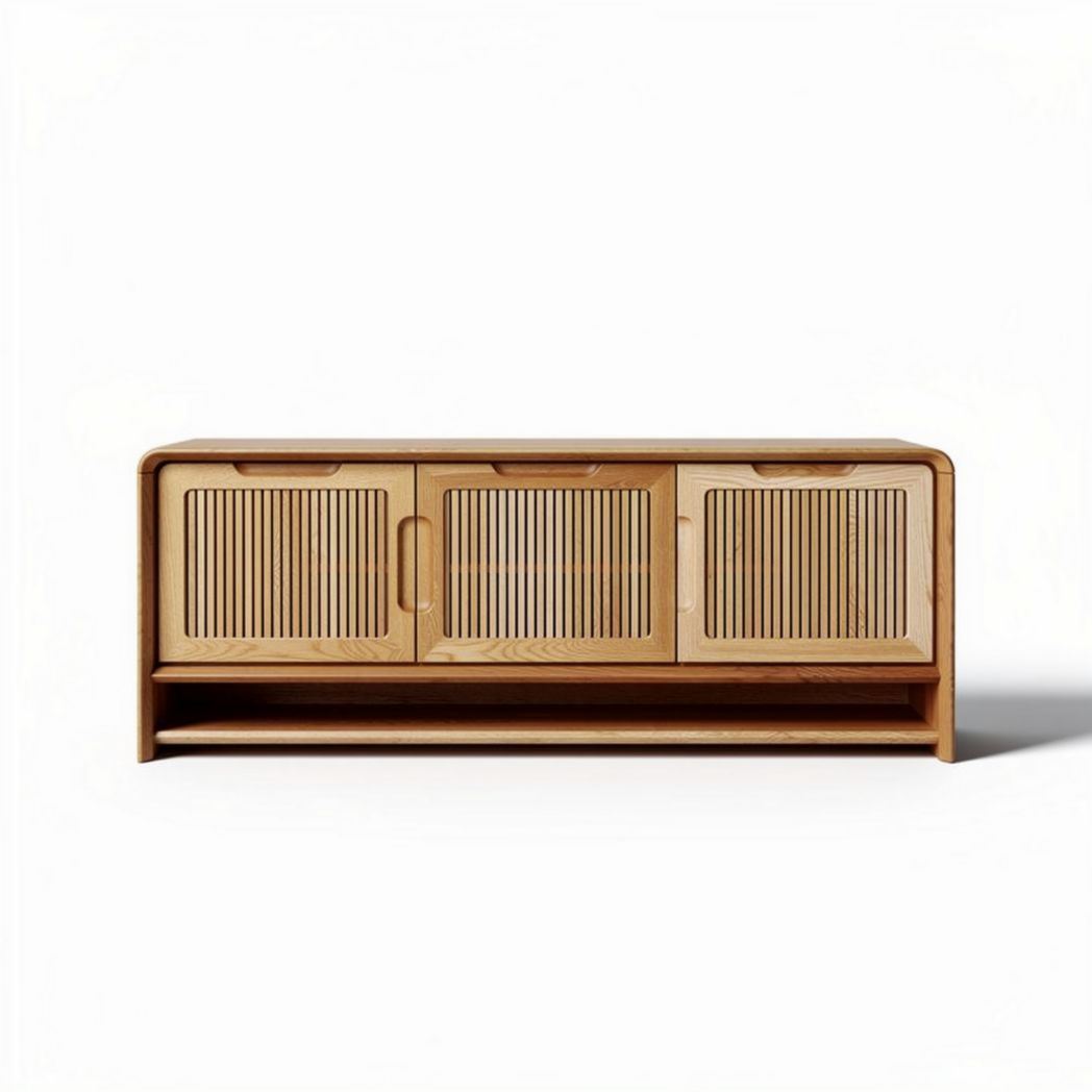 Buffet en bois naturel avec trois portes en relief 120 x 40 x 60cm