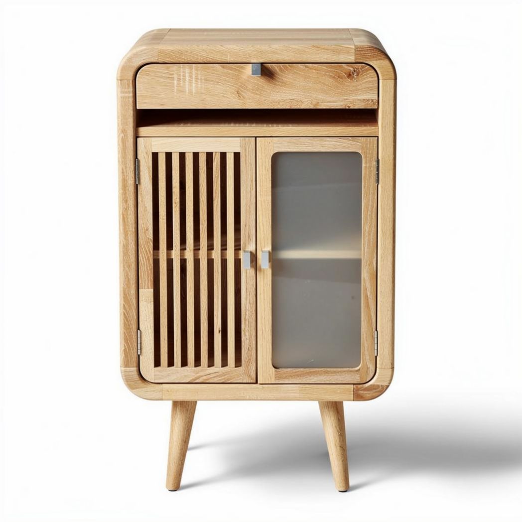 Meuble de rangement en bois naturel avec tiroir et portes vitrées dimensions 40 x 30 x 70cm