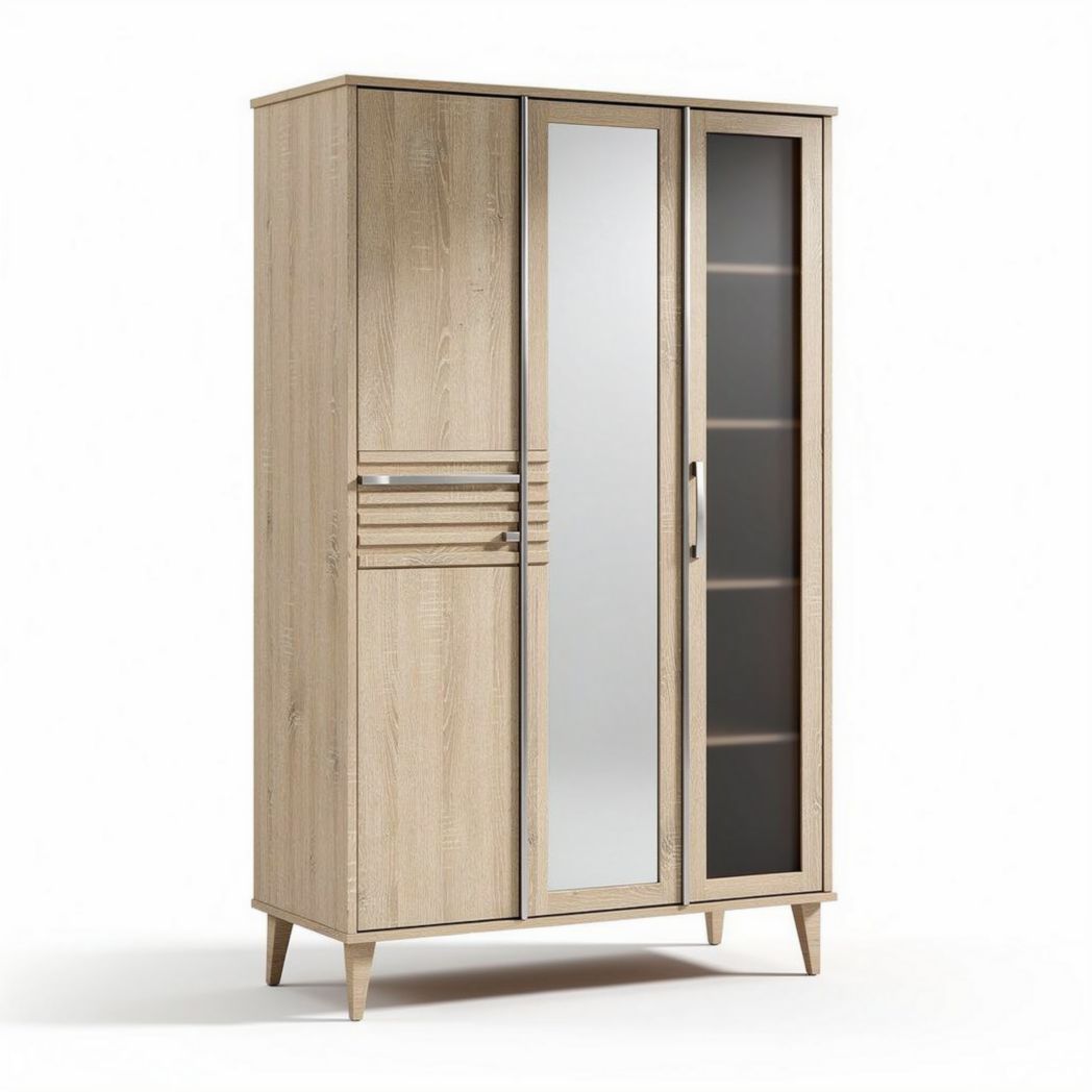 Armoire en bois de chêne avec portes miroir et étagères 90 x 40 x 180cm