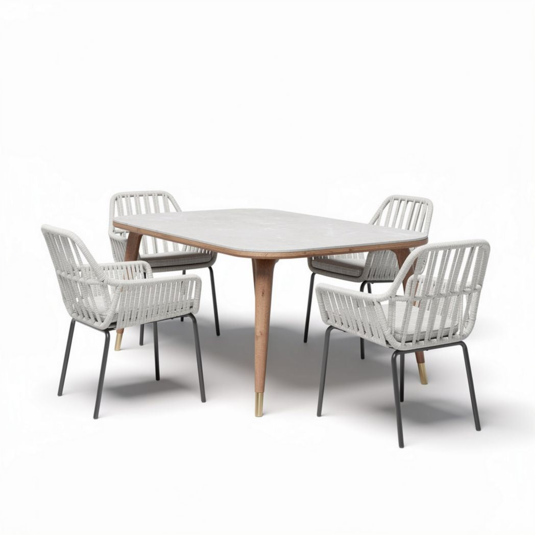 Table à manger rectangulaire en bois et métal avec quatre chaises en osier 150 x 100 x 75cm
