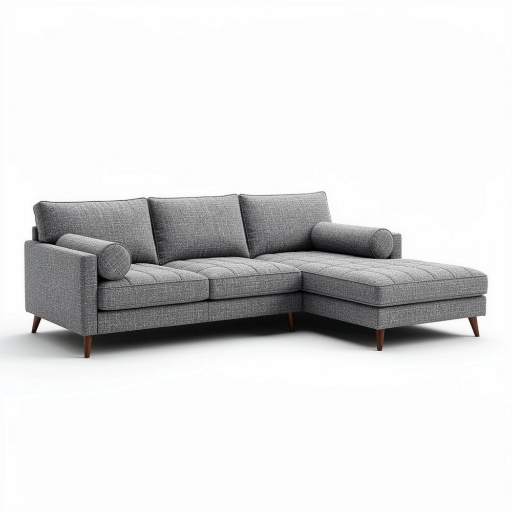 Canapé d'angle en tissu gris avec accoudoirs et pieds en bois 230 x 150 x 85cm